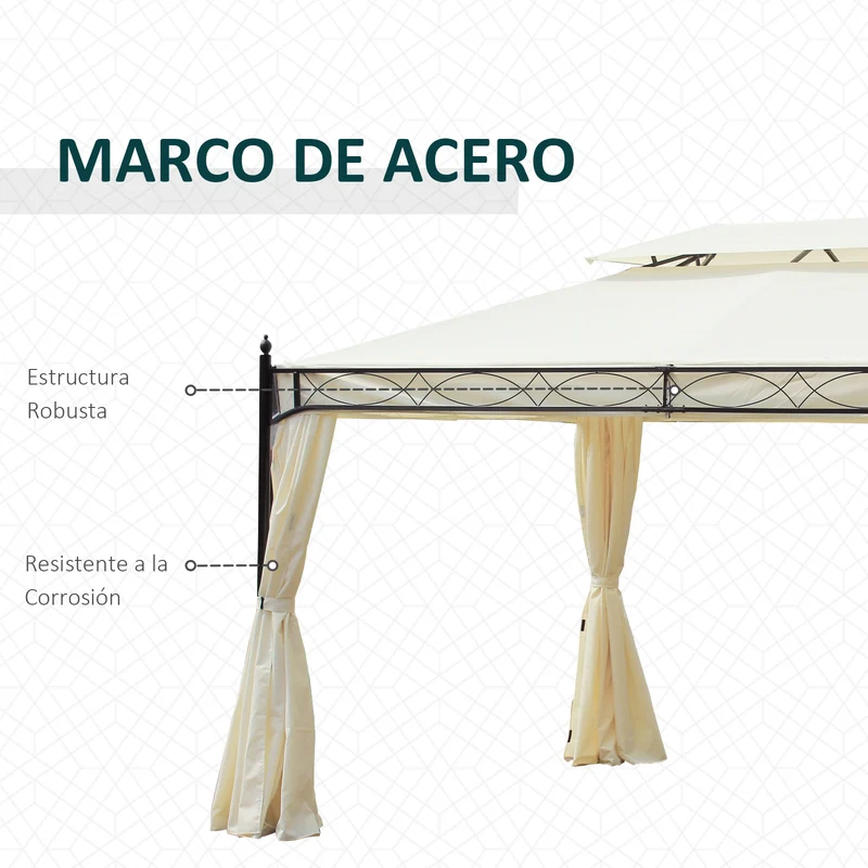 Outsunny Cenador de Jardín 4x3m Pabellón con Techo Doble Transpirable y 4 Cortinas Laterales Extraíbles Carpa de Acero Anti-UV Gazebo para Fiestas Bodas Eventos al Aire Libre Crema