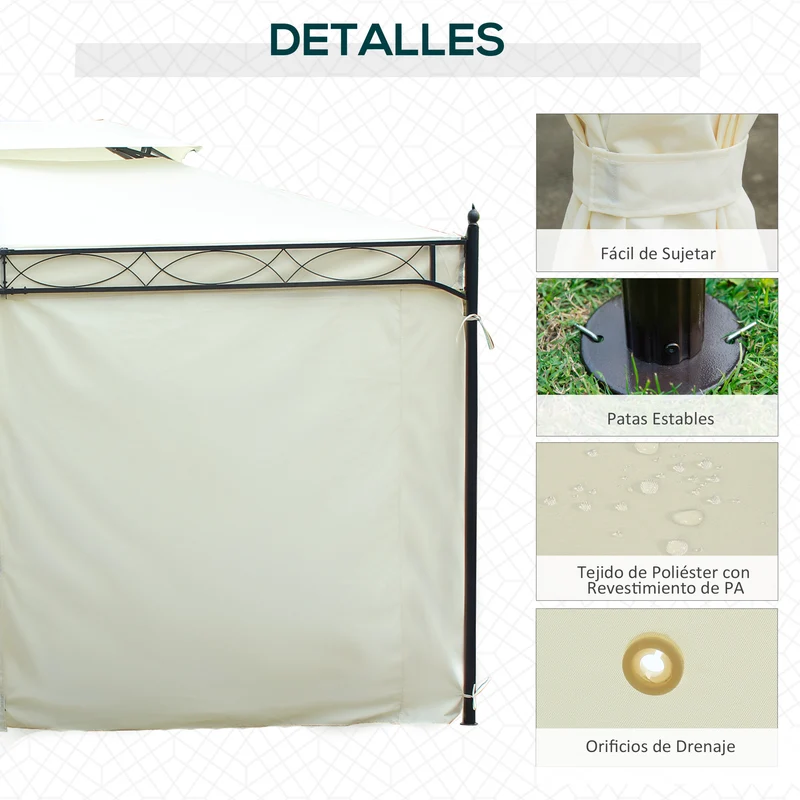 Outsunny Cenador de Jardín 4x3m Pabellón con Techo Doble Transpirable y 4 Cortinas Laterales Extraíbles Carpa de Acero Anti-UV Gazebo para Fiestas Bodas Eventos al Aire Libre Crema