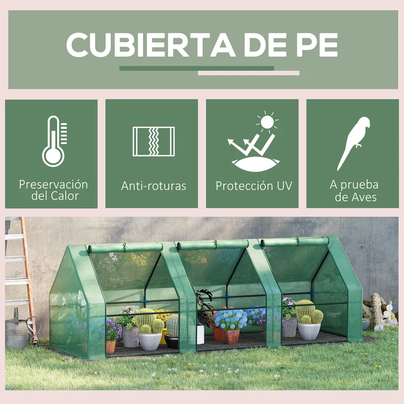 Outsunny Invernadero de Exterior Invernadero de Jardín 270x90x90 cm Tipo Caseta con 3 Ventanas Marco de Acero y Cubierta de PE 140g/㎡ para Cultivo Plantas Flores Tomates Verde