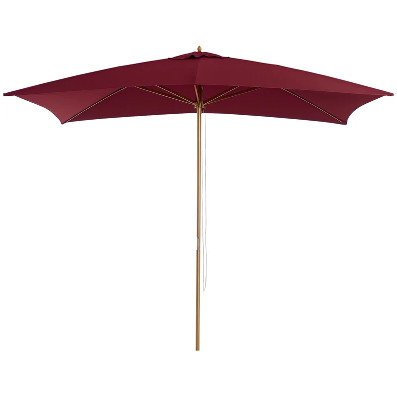 Outsunny Sombrilla Terraza Exterior 295x200 cm con Mástil de Madera Varillas de Bambú y Polea Parasol de Jardín Rectangular Impermeable para Patio o Terraza Estilo Clásico Rojo Vino