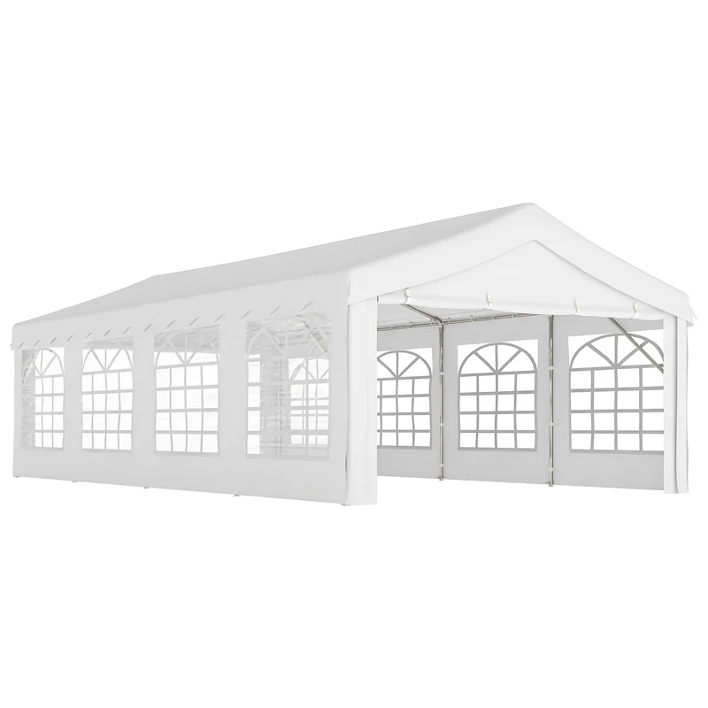 Outsunny Carpa para Fiestas 8x4 m Cenador de Jardín con 4 Paneles Laterales y 8 Ventanas Anti-UV Pabellón Pérgola Cochera Gazebo para Eventos Bodas Blanco