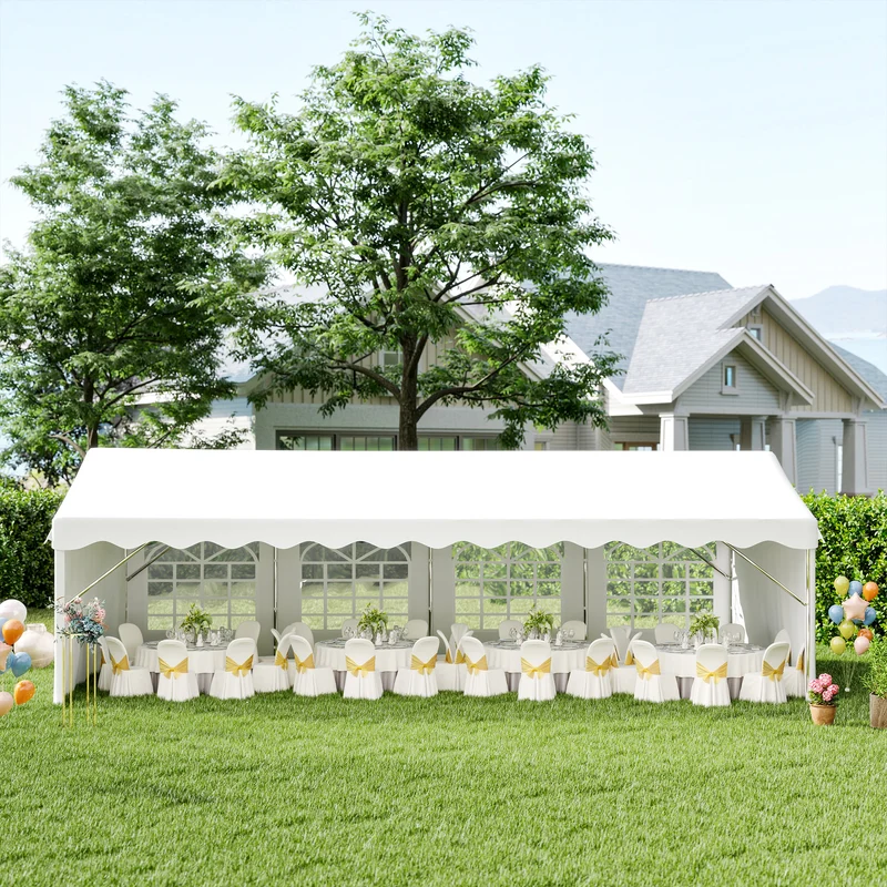 Outsunny Carpa para Fiestas 8x4 m Cenador de Jardín con 4 Paneles Laterales y 8 Ventanas Anti-UV Pabellón Pérgola Cochera Gazebo para Eventos Bodas Blanco