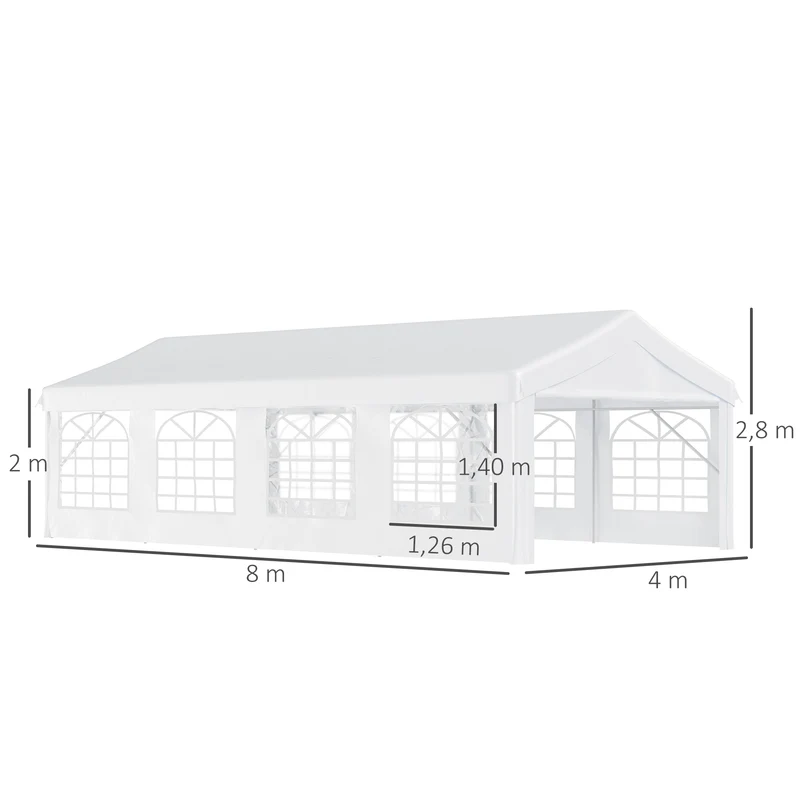 Outsunny Carpa para Fiestas 8x4 m Cenador de Jardín con 4 Paneles Laterales y 8 Ventanas Anti-UV Pabellón Pérgola Cochera Gazebo para Eventos Bodas Blanco