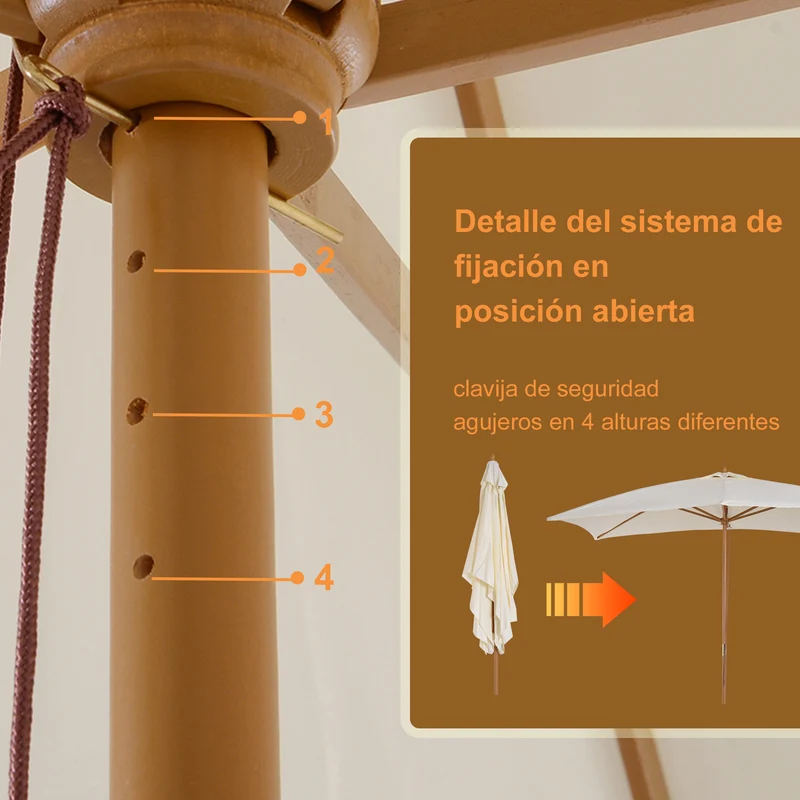 Outsunny Sombrilla Terraza Exterior 295x200 cm con Mástil de Madera Varillas de Bambú y Polea Parasol de Jardín Rectangular Impermeable para Patio o Terraza Estilo Clásico Crema