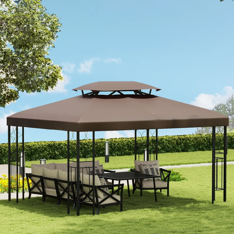 Outsunny Techo de Repuesto para Cenador 4x3 m Cubierta de Repuesto con Techo Doble 10 Orificios de Drenaje y Protección UV Toldo de Recambio para Pabellón Gazebo Marrón