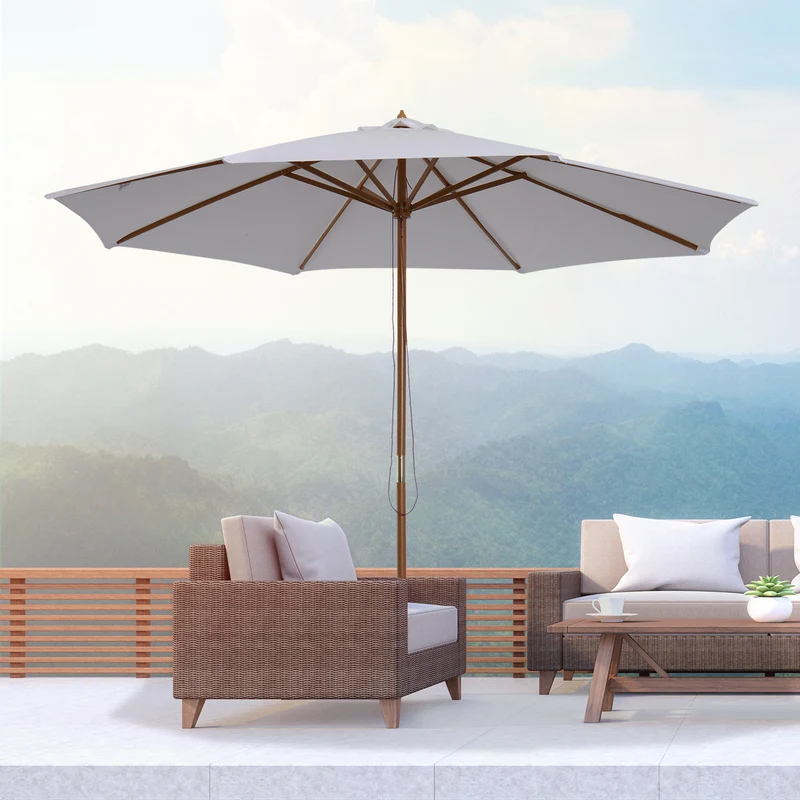 Outsunny Sombrilla Terraza Exterior Ø300 cm Sombrilla de Jardín con Sistema de Polea Techo Ventilado y Poste Desmontable de Madera Parasol para Patio Terraza Blanco