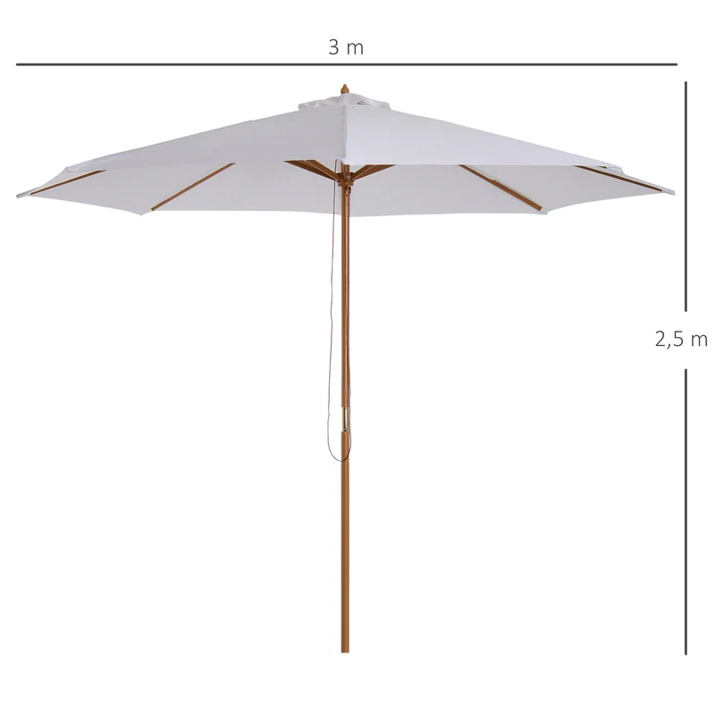 Outsunny Sombrilla Terraza Exterior Ø300 cm Sombrilla de Jardín con Sistema de Polea Techo Ventilado y Poste Desmontable de Madera Parasol para Patio Terraza Blanco