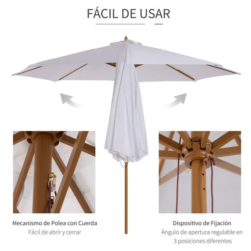 Outsunny Sombrilla Terraza Exterior Ø300 cm Sombrilla de Jardín con Sistema de Polea Techo Ventilado y Poste Desmontable de Madera Parasol para Patio Terraza Blanco