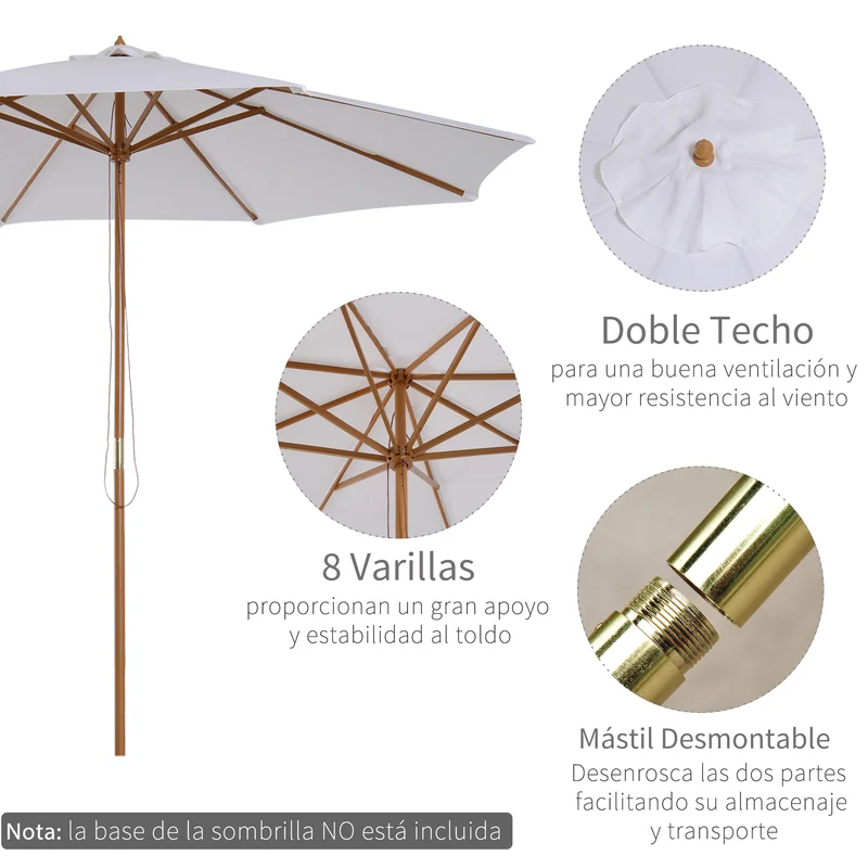 Outsunny Sombrilla Terraza Exterior Ø300 cm Sombrilla de Jardín con Sistema de Polea Techo Ventilado y Poste Desmontable de Madera Parasol para Patio Terraza Blanco