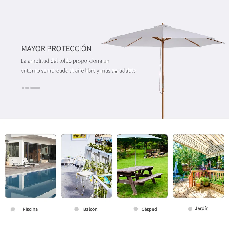 Outsunny Sombrilla Terraza Exterior Ø300 cm Sombrilla de Jardín con Sistema de Polea Techo Ventilado y Poste Desmontable de Madera Parasol para Patio Terraza Blanco