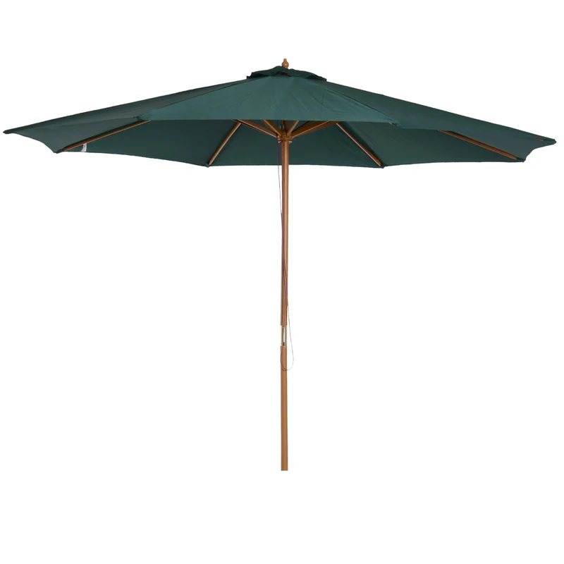 Outsunny Sombrilla Ø300x250 cm Parasol con Poste de Madera con Sistema de Poleas de 8 Varillas con Fijación para Jardín Patio Terraza Verde