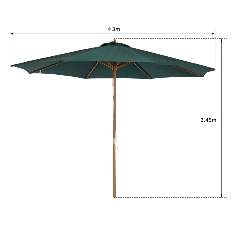 Outsunny Sombrilla Ø300x250 cm Parasol con Poste de Madera con Sistema de Poleas de 8 Varillas con Fijación para Jardín Patio Terraza Verde