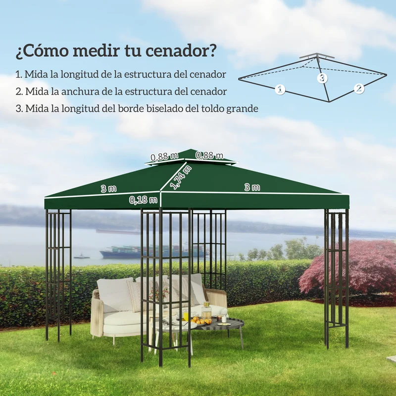 Outsunny Techo de Repuesto para Cenador, 3x3 m, Cubierta de Repuesto con Techo Doble, 8 Orificios de Drenaje y Protección UV, SOLO Toldo de Recambio para Pabellón Gazebo, Verde