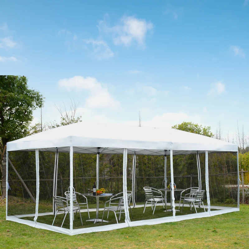 Outsunny Carpa Plegable 6x3 m Cenador para Jardín Gazebo con 6 Cortinas Mosquitera y Cremallera Bolsa de Transporte Impermeable para Exterior Blanco