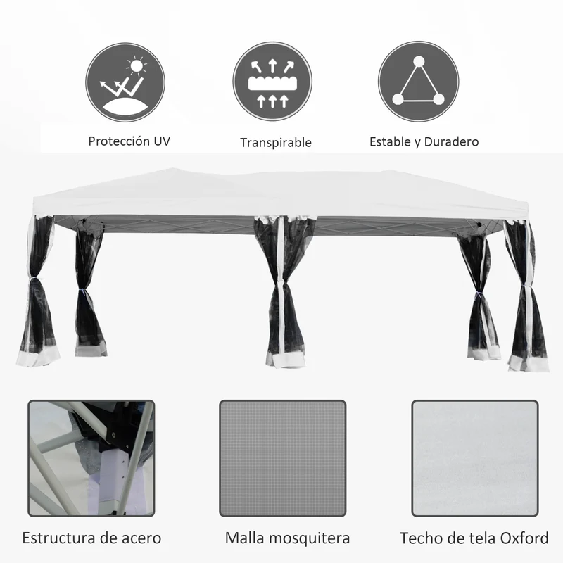 Outsunny Carpa Plegable 6x3 m Cenador para Jardín Gazebo con 6 Cortinas Mosquitera y Cremallera Bolsa de Transporte Impermeable para Exterior Blanco