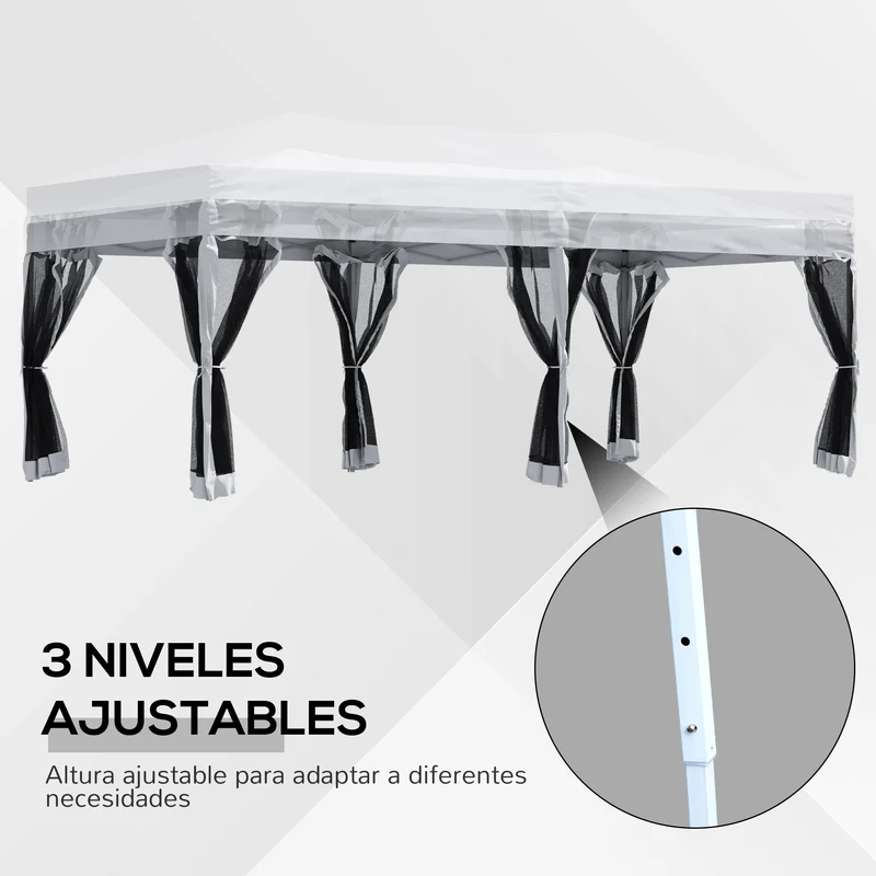 Outsunny Carpa Plegable 6x3 m Cenador para Jardín Gazebo con 6 Cortinas Mosquitera y Cremallera Bolsa de Transporte Impermeable para Exterior Blanco