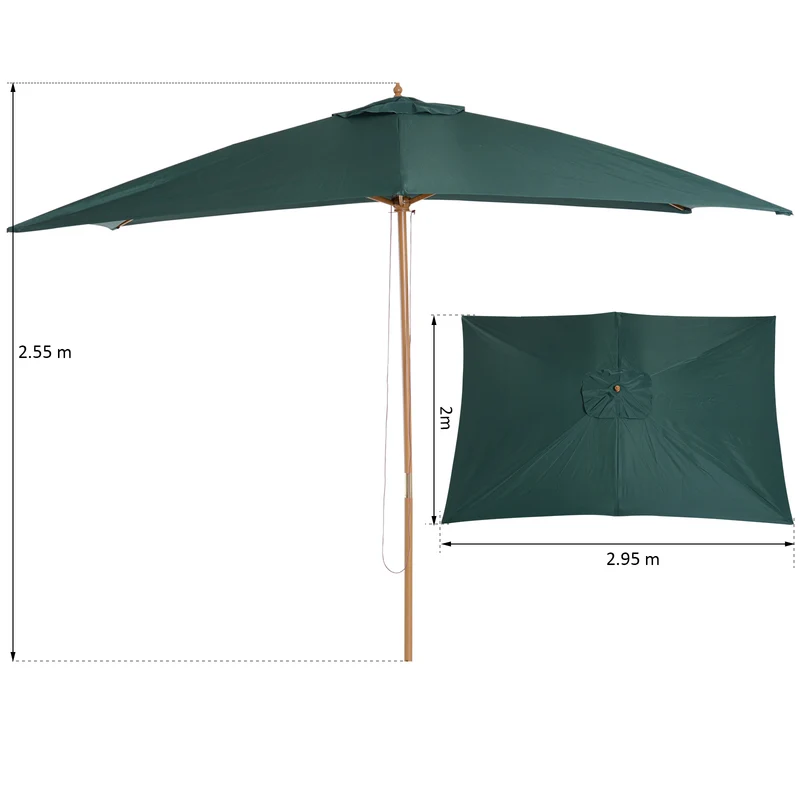 Outsunny Sombrilla Parasol 295x200x255 cm para Jardín Terraza con Mástil de Madera y Toldo de Poliéster 180g/m² Color Verde Oscuro
