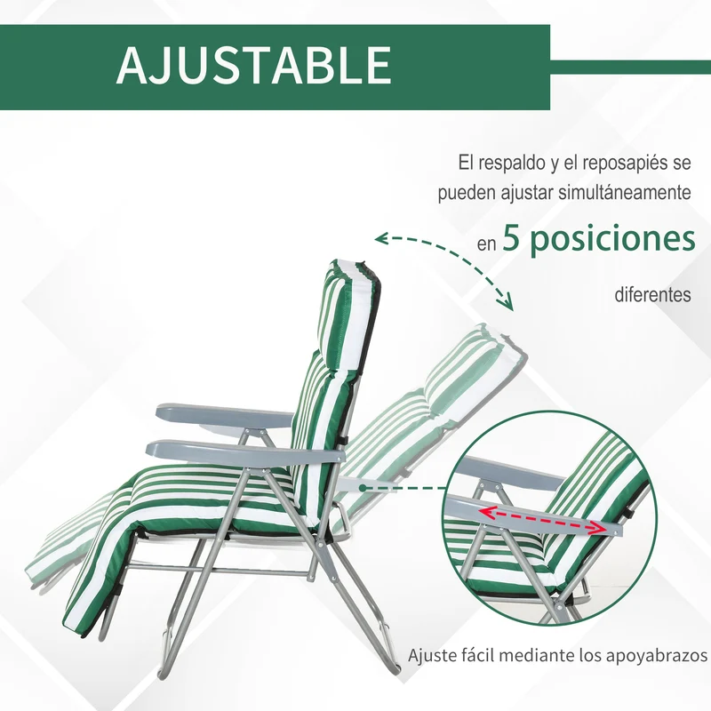 Outsunny Pack de 2 Tumbonas Plegables Tumbonas de Jardín Exterior con Cojín Acolchado, Respaldo Ajustable en 5 Posiciones, Reposapiés y Marco de Acero, 60x75x65-102 cm, Rayas Verde