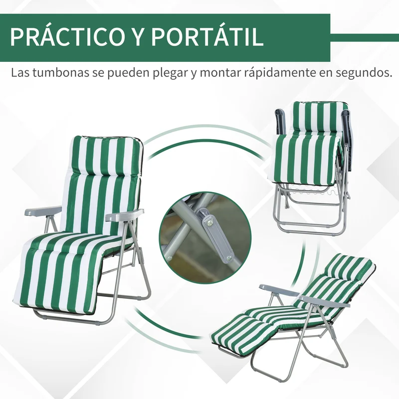 Outsunny Pack de 2 Tumbonas Plegables Tumbonas de Jardín Exterior con Cojín Acolchado, Respaldo Ajustable en 5 Posiciones, Reposapiés y Marco de Acero, 60x75x65-102 cm, Rayas Verde