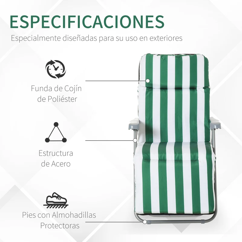Outsunny Pack de 2 Tumbonas Plegables Tumbonas de Jardín Exterior con Cojín Acolchado, Respaldo Ajustable en 5 Posiciones, Reposapiés y Marco de Acero, 60x75x65-102 cm, Rayas Verde