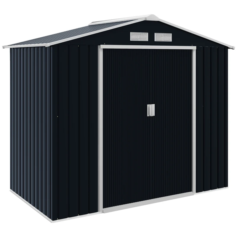 Outsunny Cobertizo de Jardín 2,42m² con Base de Refuerzo Sin Suelo 213x130x185 cm Caseta de Jardín Exterior con 2 Puertas Correderas y 4 Ventanas para Almacenamiento de Herramientas Gris Oscuro