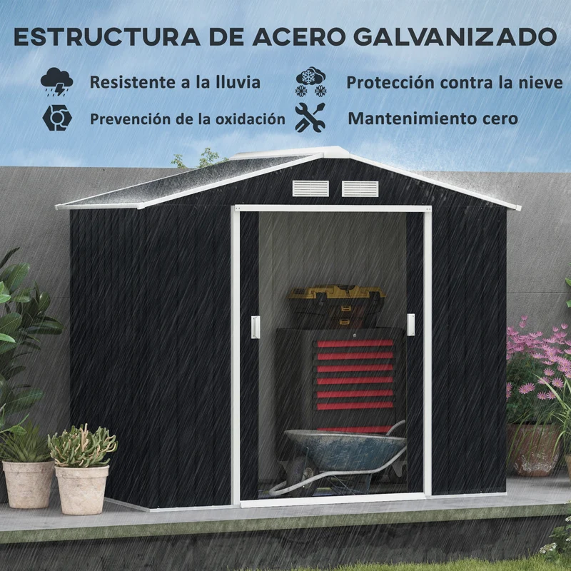 Outsunny Cobertizo de Jardín 2,42m² con Base de Refuerzo Sin Suelo 213x130x185 cm Caseta de Jardín Exterior con 2 Puertas Correderas y 4 Ventanas para Almacenamiento de Herramientas Gris Oscuro