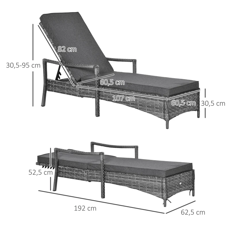 Outsunny Conjunto de 2 Tumbonas de Ratán de Jardín Chaise Longue con Respaldo Ajustable en 4 Posiciones Cojines Acolchados y Desenfundables para Terraza Patio Exterior 192x62,5x58-95 cm Gris
