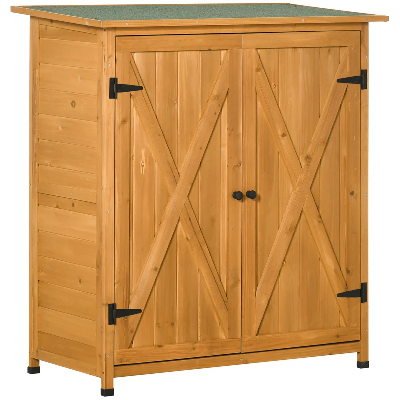 Outsunny Armario de Jardín de Madera 110x55x117 cm 0,45 m² Cobertizo para Almacenaje de Herramientas con Techo Asfáltico 3 Estantes y 2 Puertas para Exterior Terraza Natural