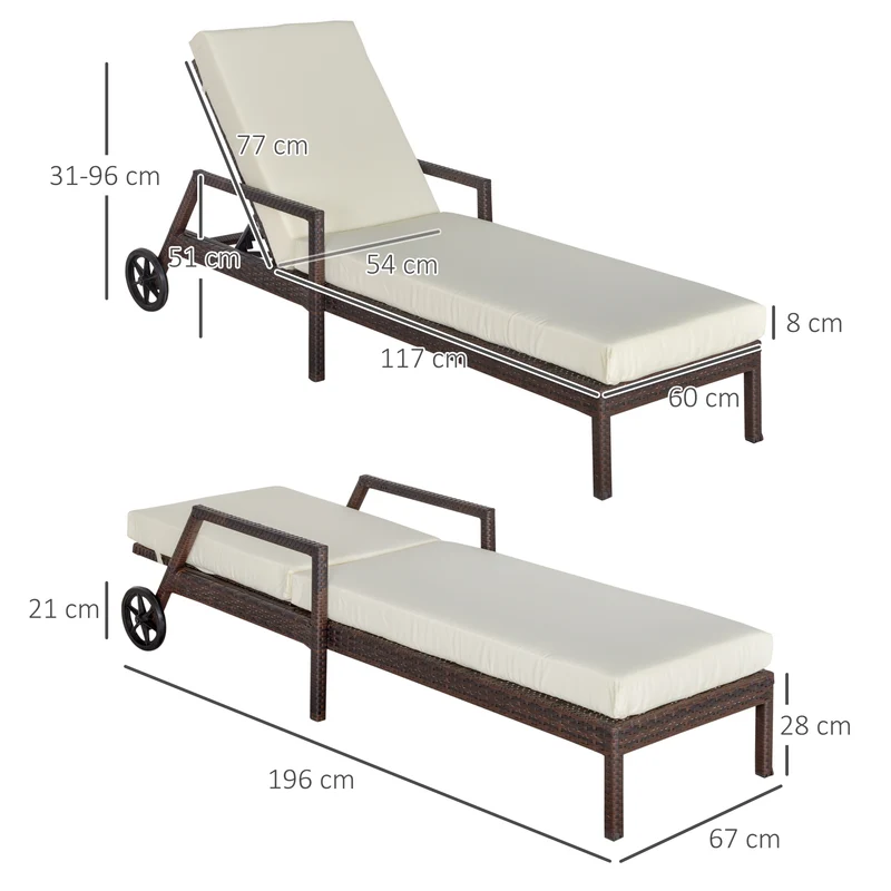 Outsunny Conjunto de 2 Tumbonas de Ratán de Jardín con Cojines Acolchados Respaldo Ajustable en 5 Posiciones 2 Ruedas y Tela Extraíble Lavable 67x196x51 cm Crema