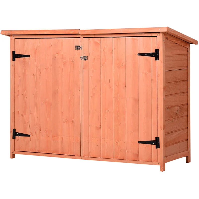 Outsunny Armario de Jardín de Madera 128x49x91 cm Cobertizo para Almacenaje de Herramientas con Techo Asfáltico 2 Niveles y 2 Puertas con Cerraduras para Exterior Terraza Natural