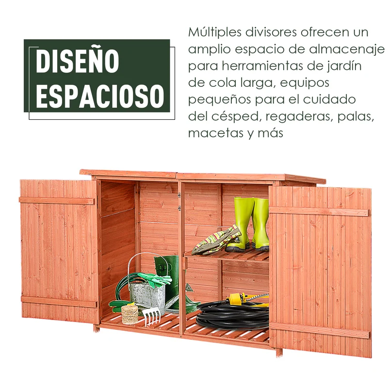 Outsunny Armario de Jardín de Madera 128x49x91 cm Cobertizo para Almacenaje de Herramientas con Techo Asfáltico 2 Niveles y 2 Puertas con Cerraduras para Exterior Terraza Natural