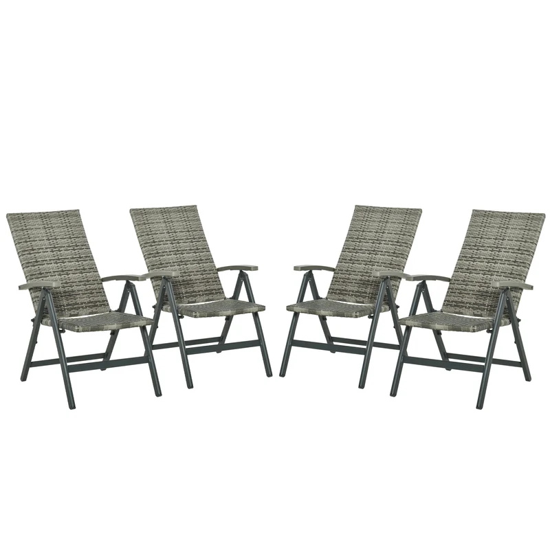 Outsunny Set de 4 Sillas Plegable de Ratán con 5 Posiciones Silla Reclinable de Aluminio para Jardín Balcón Terraza Exterior Carga 160 kg 59x68x107 cm Gris