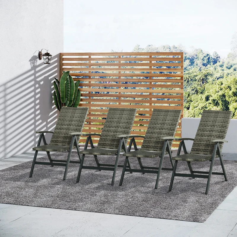 Outsunny Set de 4 Sillas Plegable de Ratán con 5 Posiciones Silla Reclinable de Aluminio para Jardín Balcón Terraza Exterior Carga 160 kg 59x68x107 cm Gris