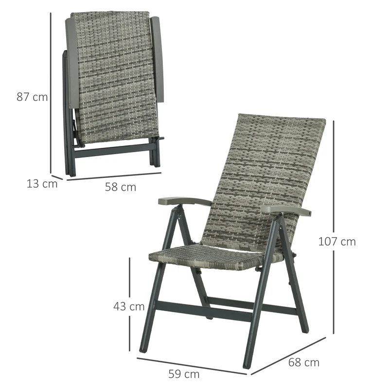 Outsunny Set de 4 Sillas Plegable de Ratán con 5 Posiciones Silla Reclinable de Aluminio para Jardín Balcón Terraza Exterior Carga 160 kg 59x68x107 cm Gris