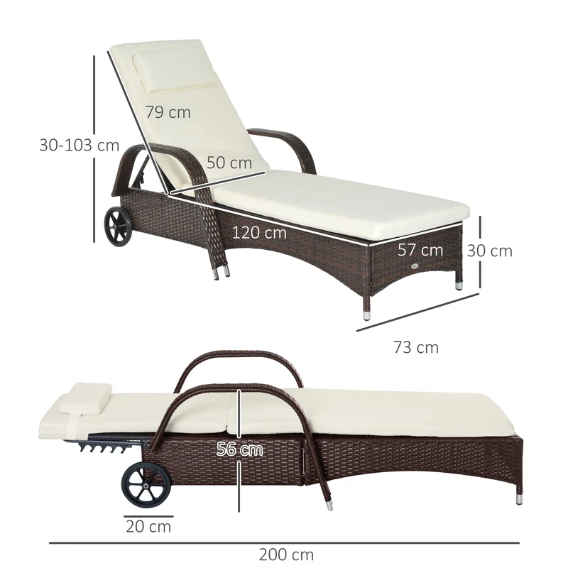 Outsunny Conjunto de 2 Tumbonas de Ratán de Jardín Chaise Longue con Respaldo Ajustable en 5 Posiciones Cojines Acolchados Reposacabezas y 2 Ruedas 200x73x56-103 cm Crema y Marrón