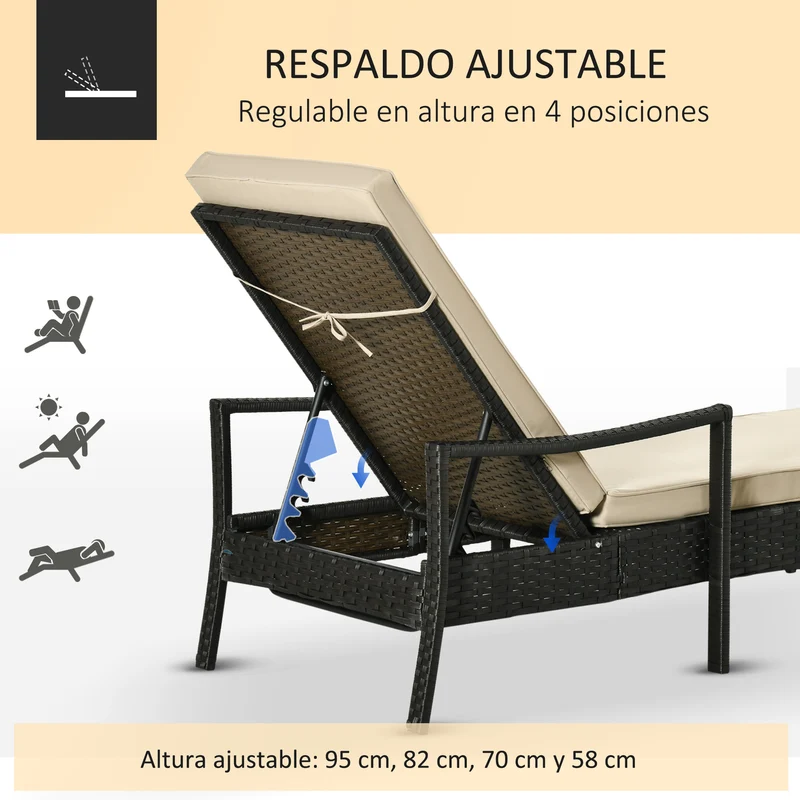 Outsunny Set de 2 Tumbonas de Ratán de Jardín Chaise Longue con Respaldo Ajustable en 4 Posiciones Cojines Acolchados y Desenfundables para Terraza Patio Exterior 192x62,5x58-95 cm Marrón y Beige