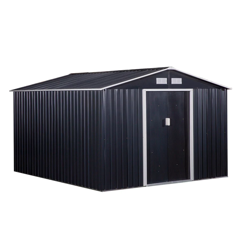 Outsunny Caseta de Jardín Exterior 8,3 m² 277x322x192 cm Cobertizo de Jardín Exterior con Puerta Corredera Techo Inclinado Base Refuerzo (Suelo NO Incluido) y 4 Ventanas Gris