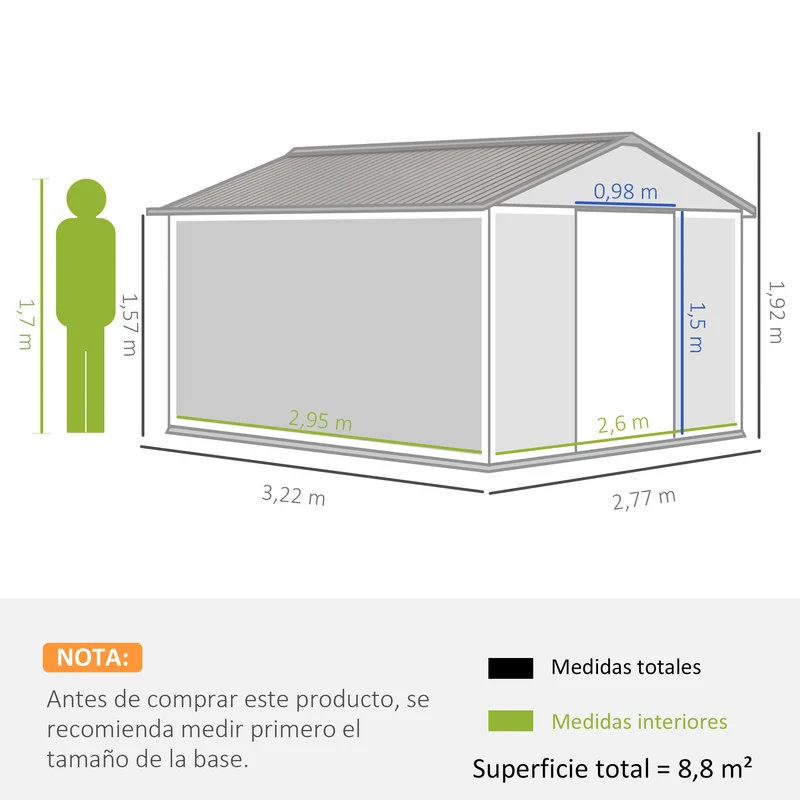 Outsunny Caseta de Jardín Exterior 8,3 m² 277x322x192 cm Cobertizo de Jardín Exterior con Puerta Corredera Techo Inclinado Base Refuerzo (Suelo NO Incluido) y 4 Ventanas Gris
