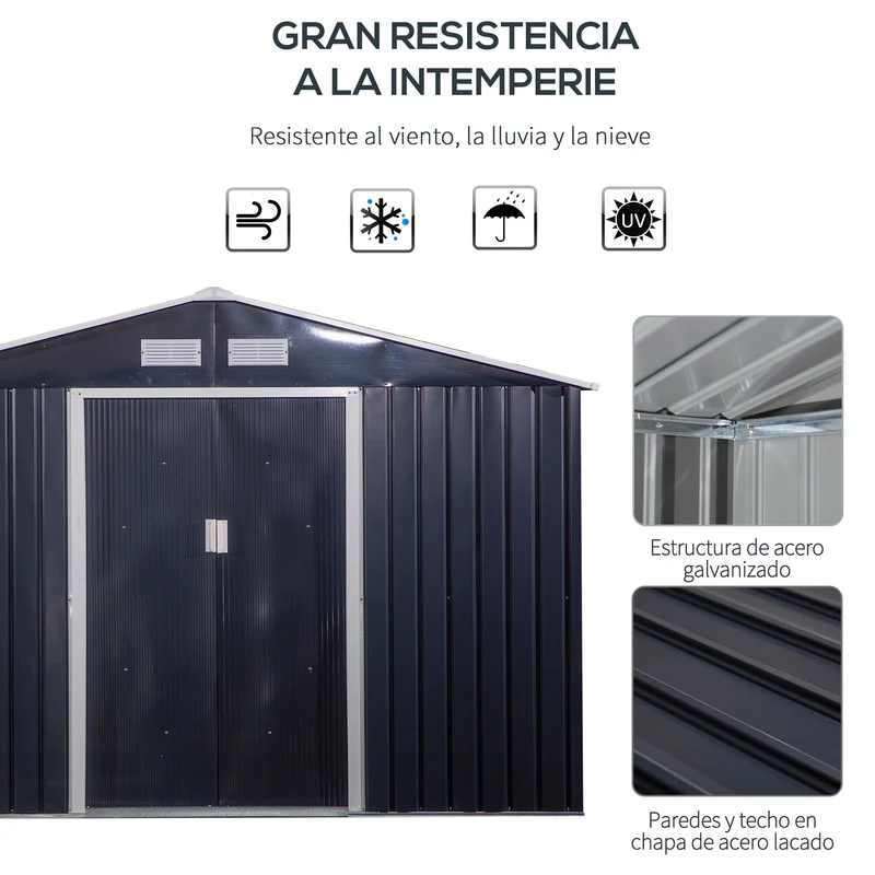 Outsunny Caseta de Jardín Exterior 8,3 m² 277x322x192 cm Cobertizo de Jardín Exterior con Puerta Corredera Techo Inclinado Base Refuerzo (Suelo NO Incluido) y 4 Ventanas Gris