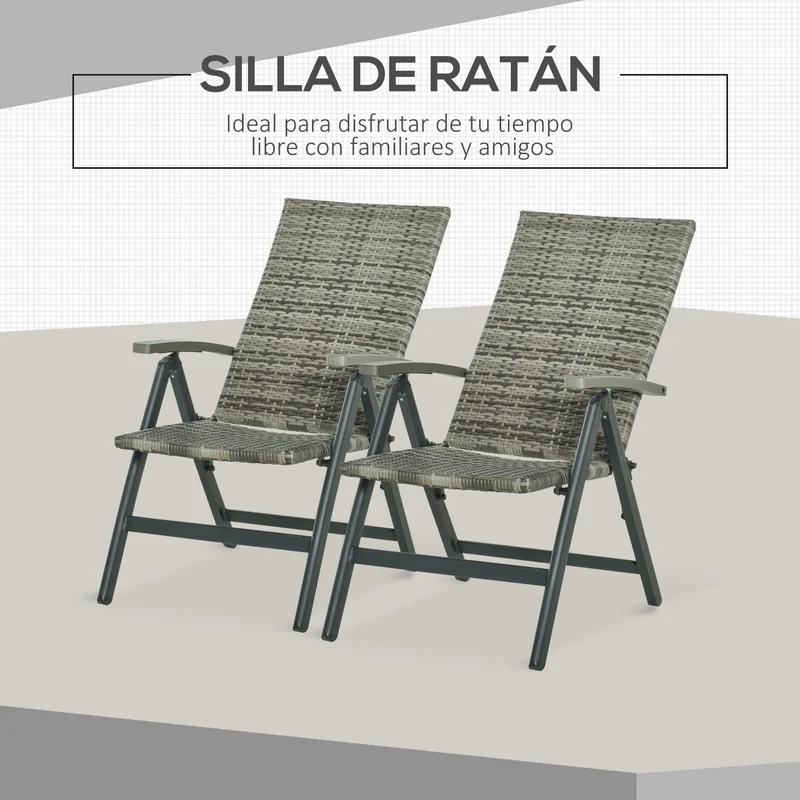 Outsunny Conjunto de 2 Sillas Plegable de Ratán con 5 Posiciones Silla Reclinable de Aluminio para Jardín Balcón Terraza Exterior Carga 160 kg 59x68x107 cm Gris