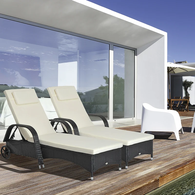 Outsunny Conjunto de 2 Tumbonas de Ratán de Jardín Chaise Longue con Respaldo Ajustable en 5 Posiciones Cojines Acolchados Reposacabezas y 2 Ruedas 200x73x72-103 cm Negro