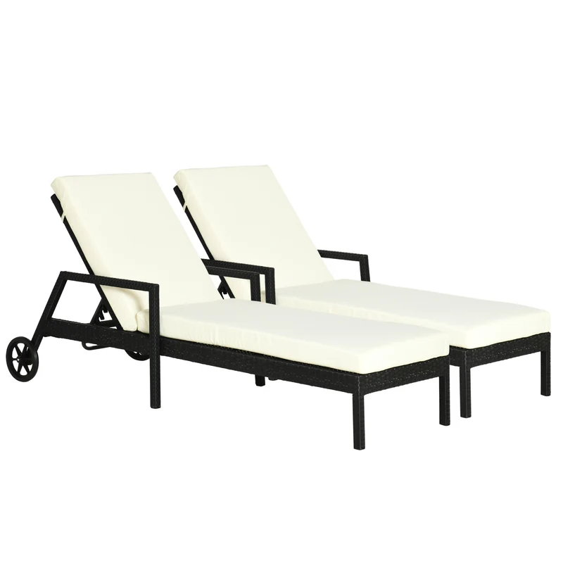Outsunny Conjunto de 2 Tumbonas de Ratán de Jardín con Cojines Acolchados Respaldo Ajustable en 5 Posiciones 2 Ruedas y Tela Extraíble Lavable 67x196x51 cm Negro