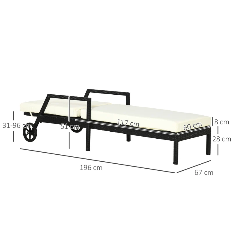 Outsunny Conjunto de 2 Tumbonas de Ratán de Jardín con Cojines Acolchados Respaldo Ajustable en 5 Posiciones 2 Ruedas y Tela Extraíble Lavable 67x196x51 cm Negro