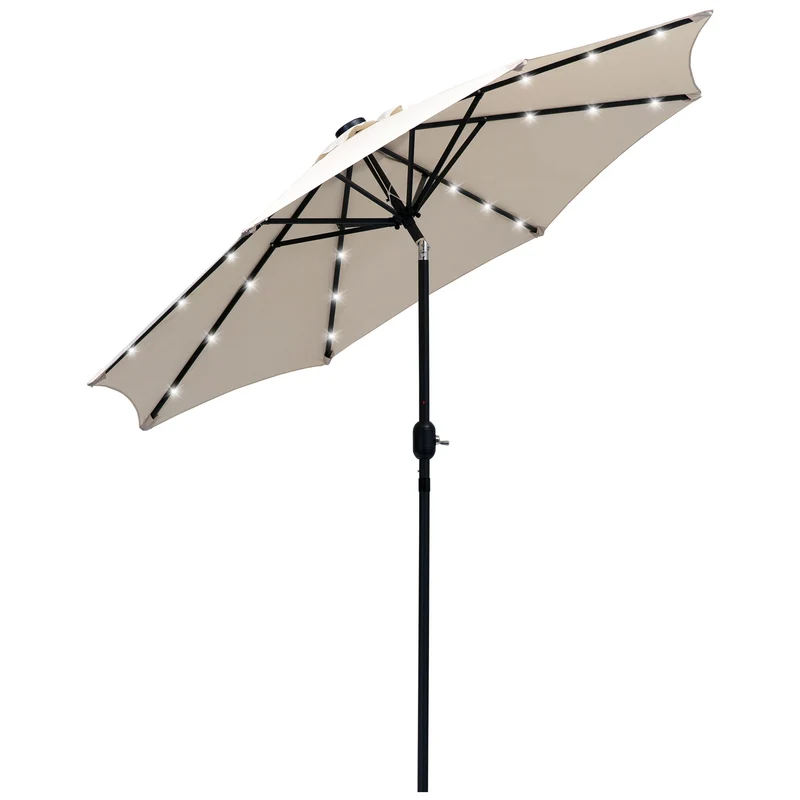 Outsunny Sombrilla de Jardín Ø268x238 cm Parasol de Terraza con 24 Luces LED Solar Mecanismo de Inclinación Manivela y Poste Desmontable de Metal para Piscina Patio Crema