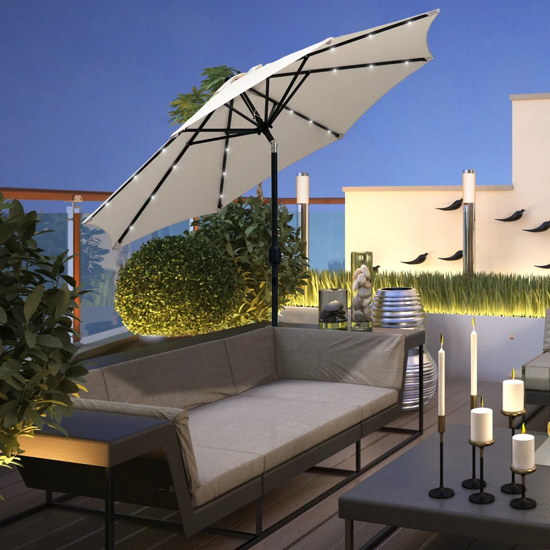 Outsunny Sombrilla de Jardín Ø268x238 cm Parasol de Terraza con 24 Luces LED Solar Mecanismo de Inclinación Manivela y Poste Desmontable de Metal para Piscina Patio Crema