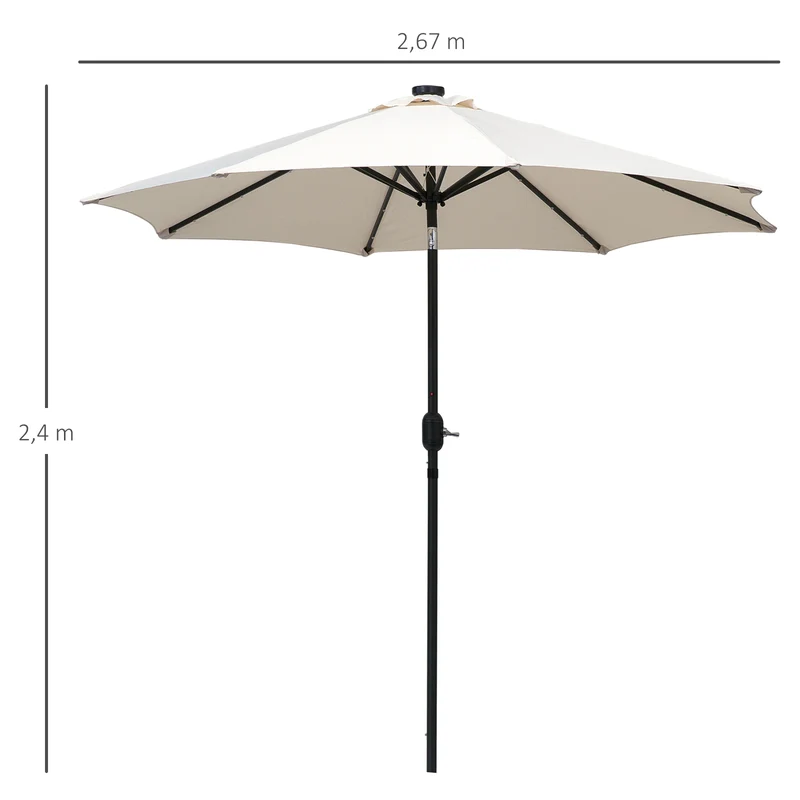 Outsunny Sombrilla de Jardín Ø268x238 cm Parasol de Terraza con 24 Luces LED Solar Mecanismo de Inclinación Manivela y Poste Desmontable de Metal para Piscina Patio Crema