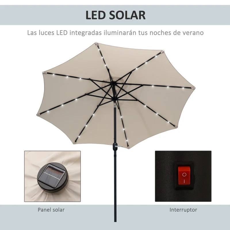 Outsunny Sombrilla de Jardín Ø268x238 cm Parasol de Terraza con 24 Luces LED Solar Mecanismo de Inclinación Manivela y Poste Desmontable de Metal para Piscina Patio Crema