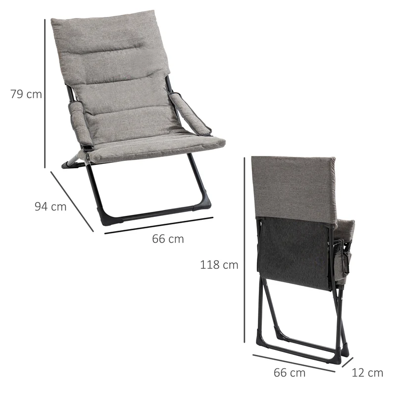 Outsunny 2 en 1 Silla de Camping Plegable Silla de Jardín Portátil con Cojín Acolchado Extraíble y Reposabrazos Marco de Acero para Terraza Playa Exterior 66x94x79 cm Gris