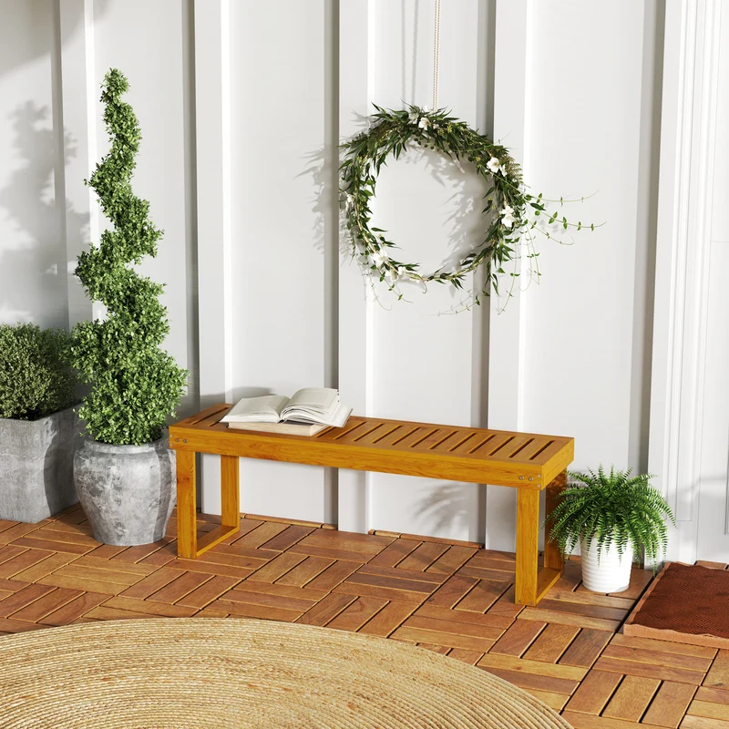 Outsunny Banco De Jardín De Madera De 2 Plazas Asiento De Lamas 120x34x43cm Teca