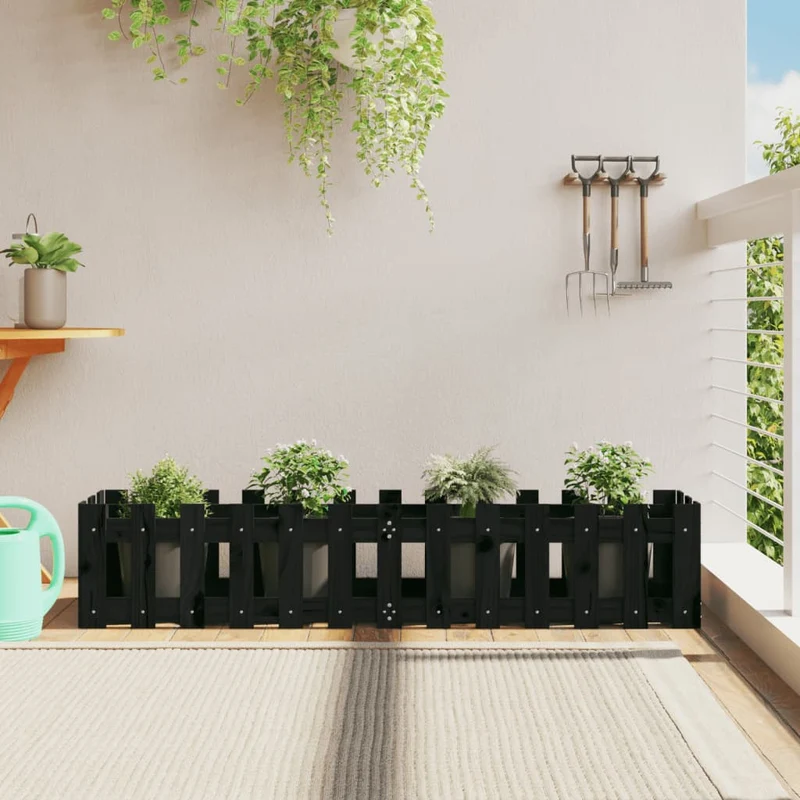 Arriate Elevado Jardín Con Valla Madera Pino Negro 150x30x30cm